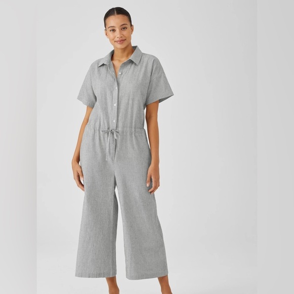 EILEEN FISHER - ORGANIC COTTON LINEN Ticking Stripe Jumpsuit. Boxy fit. XS - Picture 2 of 14